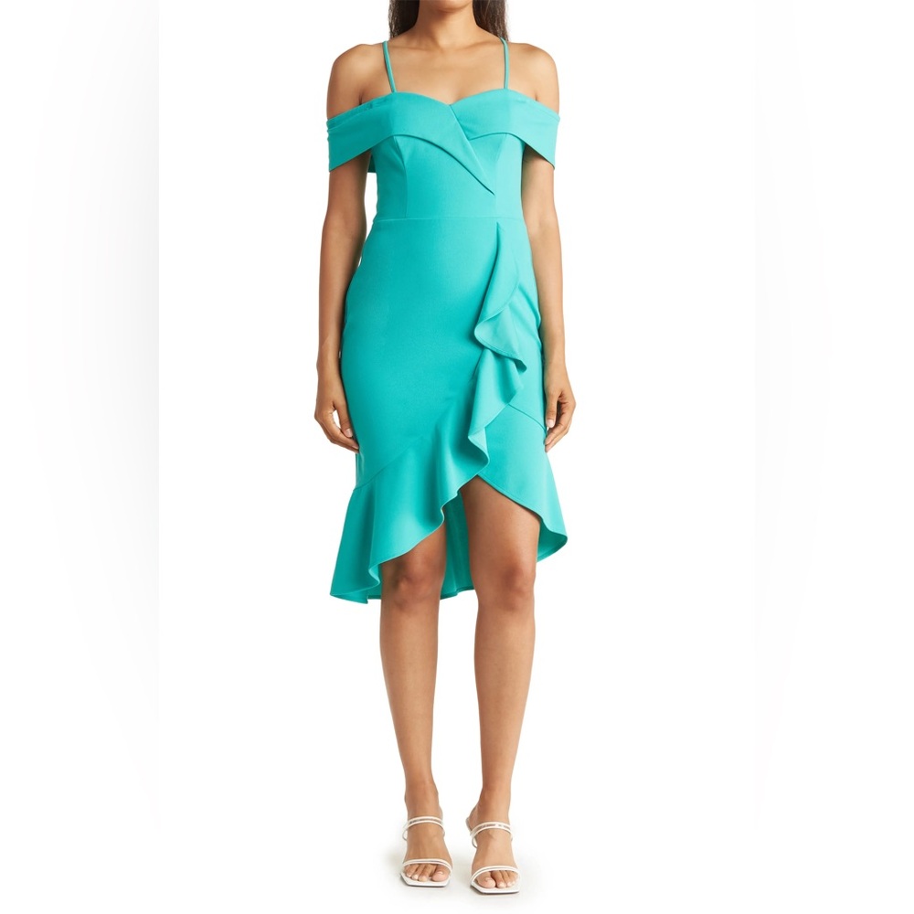 bebe Cold Shoulder Ruffle Hem Midi Dress | Aqua | Women’s Size 4